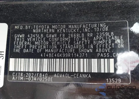 2009 Toyota Camry Se/Le/Xle from USA, damaged, VIN 4T4BE46K99R114371